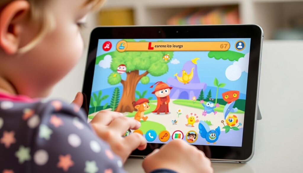 Generate an image of a preschooler engaging with Lunesia on a tablet