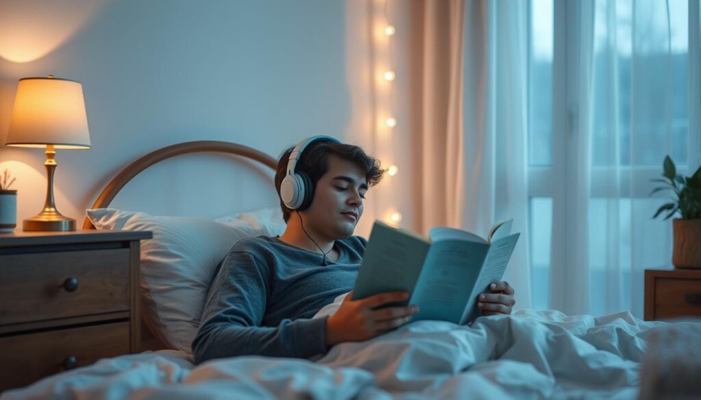 Generate an image of a serene bedroom with a person listening to a bedtime story through headphones, surrounded by calming ambient sounds.
