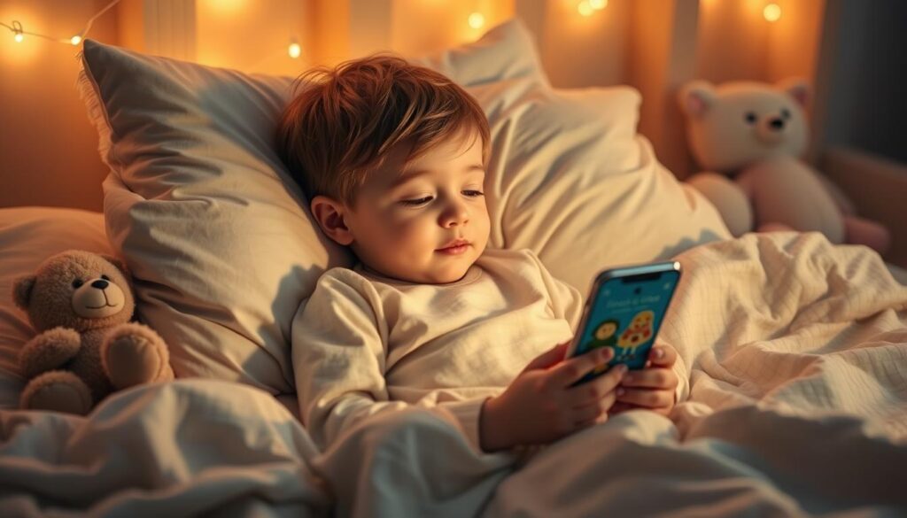 Generate an image of a serene bedtime scene with a child listening to a soothing story on the Lunesia app.