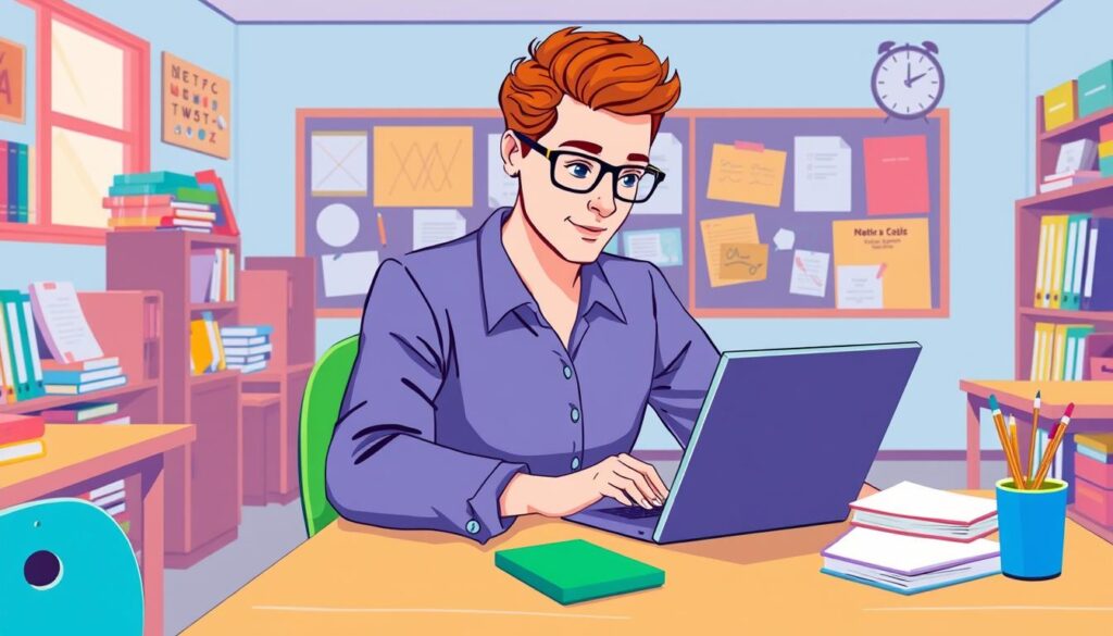 Generate an image of a teacher using BookWidgets on a laptop to create a digital quiz.