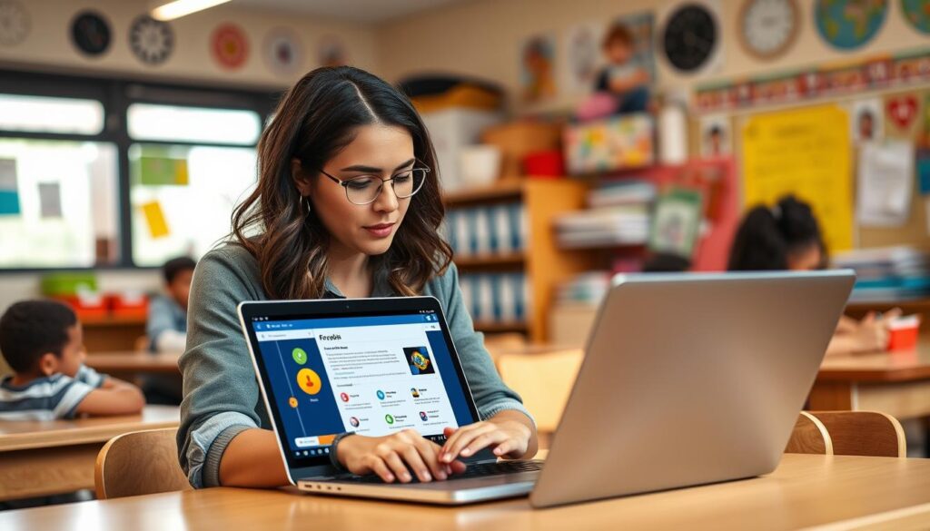 Generate an image of a teacher using Freckle on a laptop.