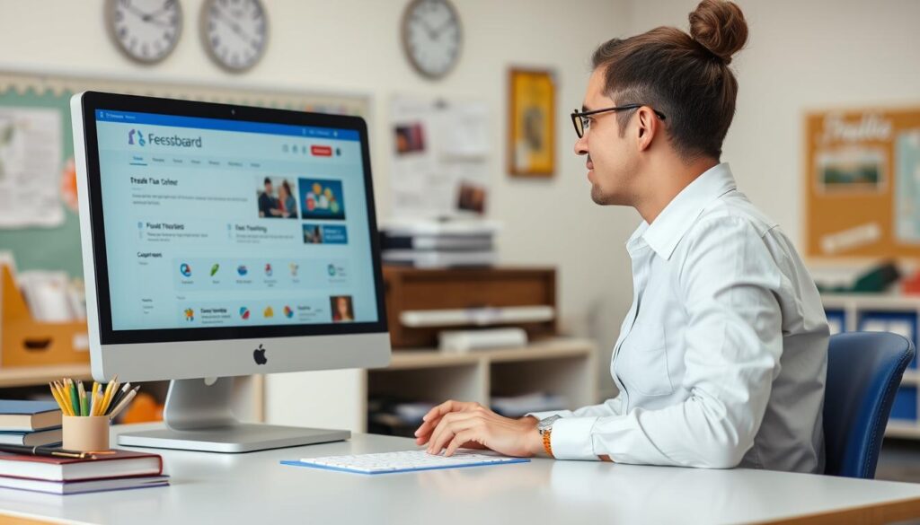 Generate an image of a teacher using a computer with Freckle's dashboard on the screen.