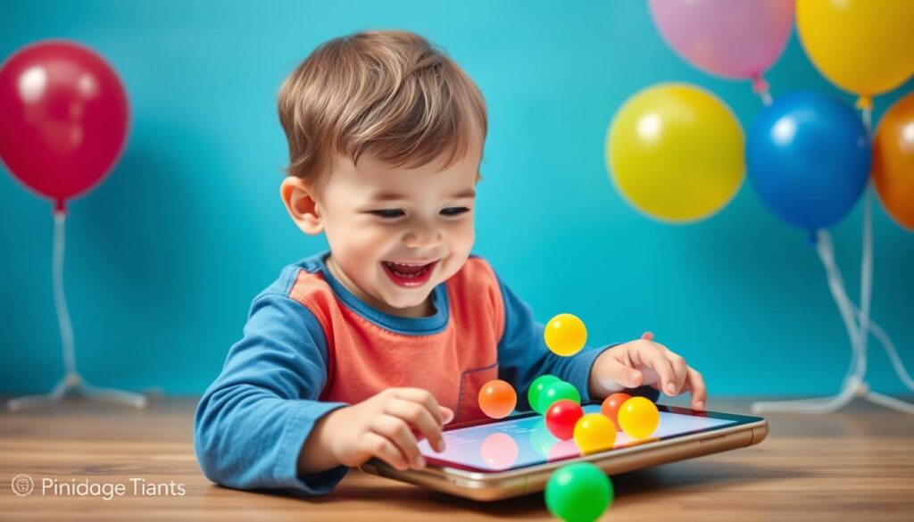 Generate an image of a toddler happily playing a balloon popping game on a tablet.