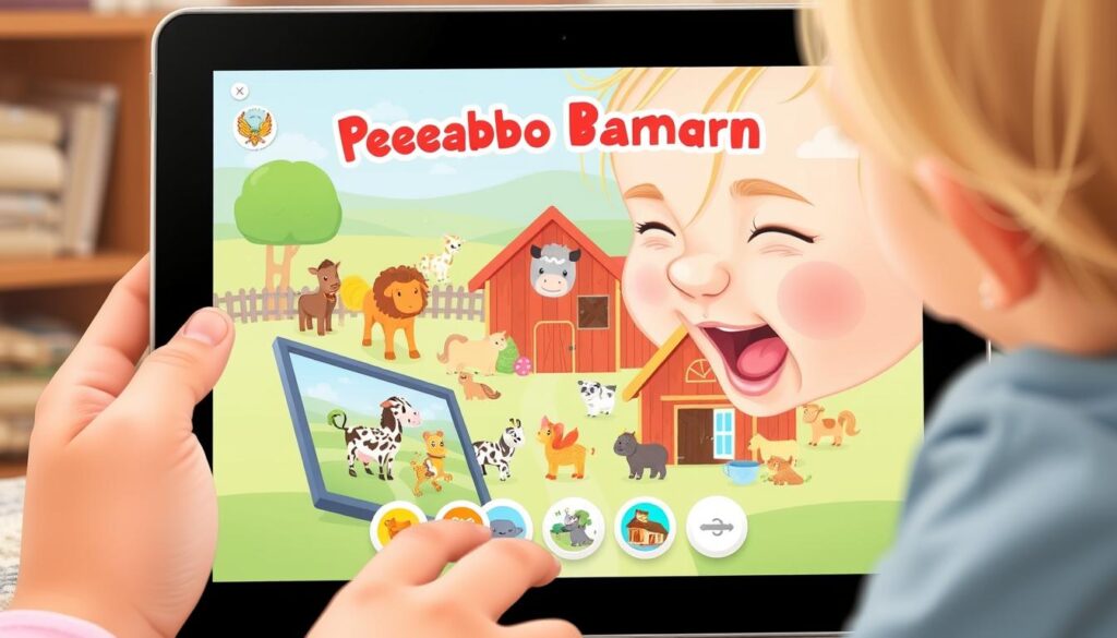Generate an image of a toddler interacting with the Peekaboo Barn app on a tablet, with farm animals visible on the screen.