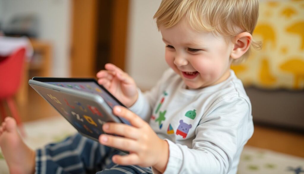 Generate an image of a toddler using the Pok Pok app on a tablet, with various creative activities displayed on the screen.