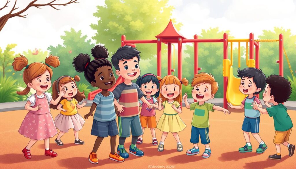 Generate an image of children playing Simon Says in a colorful playground setting.