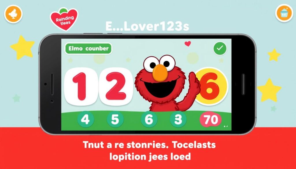 Generate an image of the Elmo Loves123s app interface showing Elmo counting numbers.