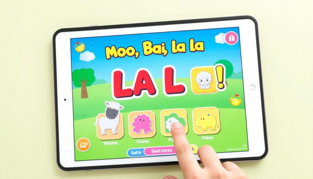 Generate an image of the Moo, Baa, La La La! app on a tablet, showing its interactive features.
