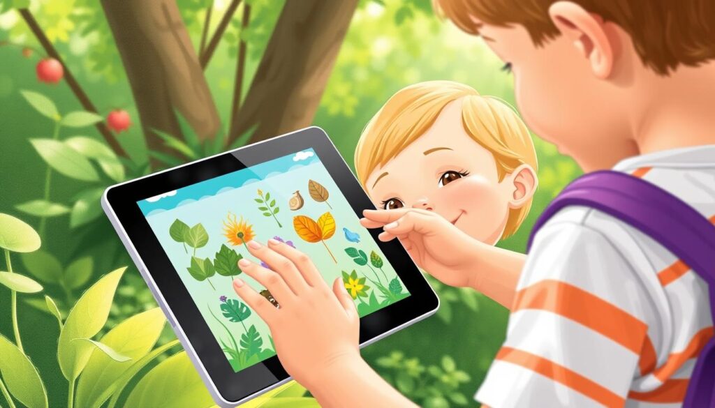 Image of a child using a nature learning app to identify a plant