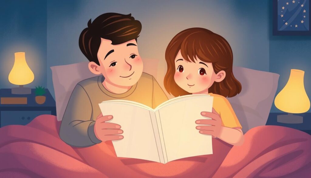 Image of a parent reading a bedtime story to a child in a cozy environment