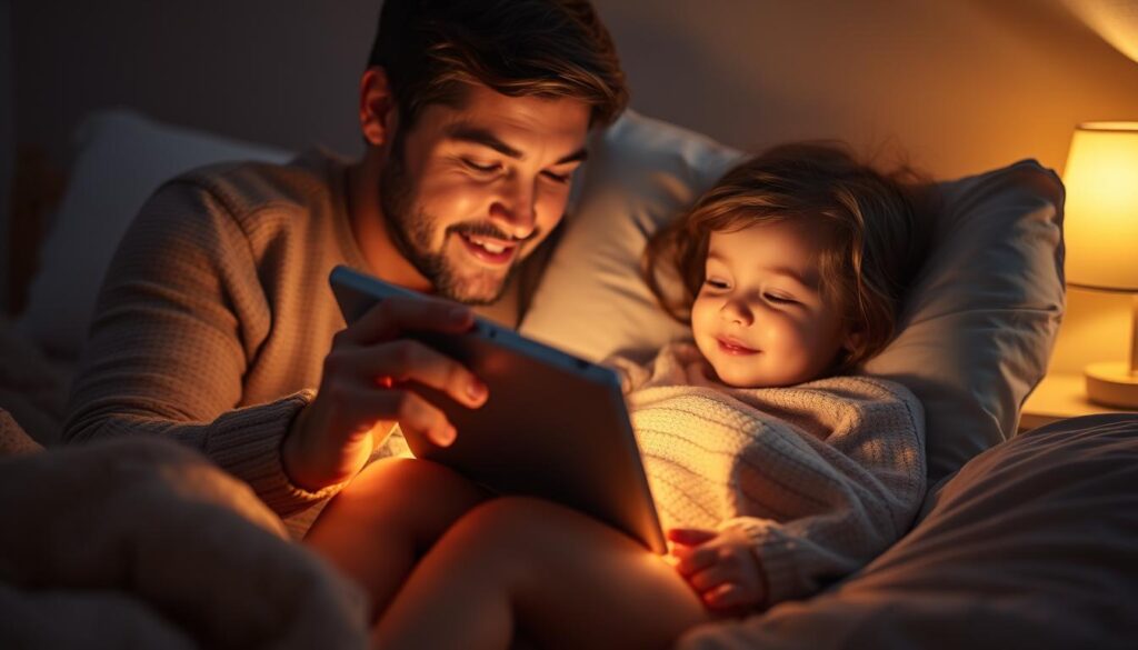 Image of a parent reading a digital bedtime story to a child