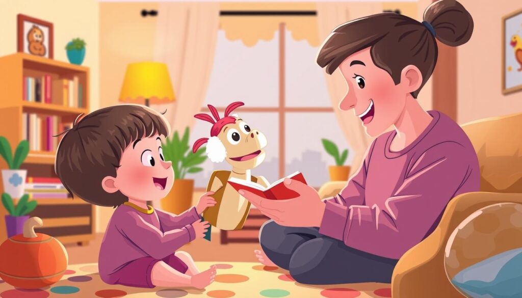 Image of a parent using a puppet to tell a story to a child