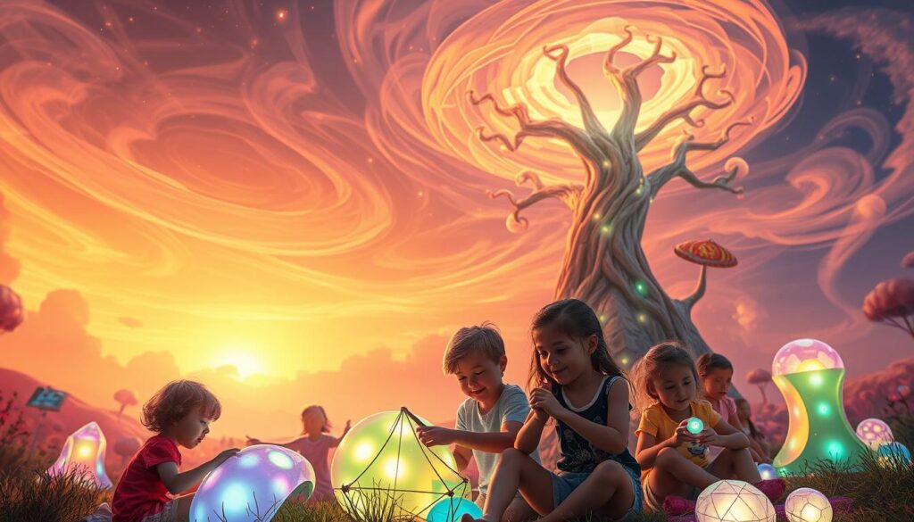 Lunesia fostering creativity and imagination: a vibrant scene of a whimsical, otherworldly landscape. In the foreground, a group of young children, their faces alight with wonder, engage in imaginative play, constructing fantastical structures from glowing, iridescent materials. In the middle ground, a towering, organic structure resembling a swirling, luminescent tree rises, its branches extending like reaching tendrils. The background depicts a vast, dreamlike sky, filled with swirling, nebulous forms and celestial bodies that cast a warm, ethereal glow over the entire scene. The lighting is soft and diffused, creating a sense of warmth and enchantment. The overall tone is one of boundless creativity, exploration, and the boundless potential of the human imagination.