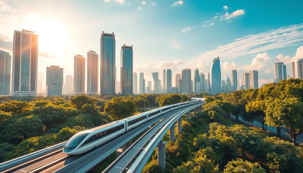 Lunesia future developments: A vibrant metropolis unfolds, towering skyscrapers pierce the sky, their glass facades reflecting the sun's golden rays. In the foreground, self-driving vehicles glide effortlessly along sleek, elevated monorail tracks, while beneath, lush, verdant parklands offer respite from the urban bustle. Holograms flicker to life, projecting digital interfaces and augmented reality experiences that blend seamlessly with the physical world. Amidst this futuristic landscape, a sense of boundless innovation and technological harmony pervades, hinting at Lunesia's progressive strides in education, sustainability, and community-centric development.