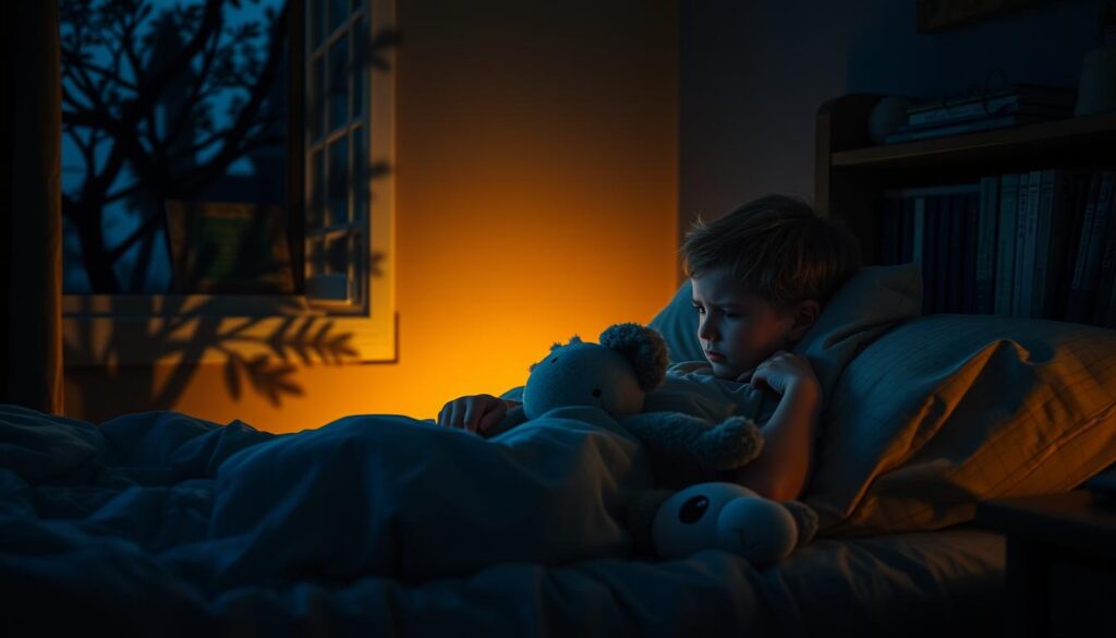 Nighttime bedroom, dimly lit with a soft, warm glow. A young child, tossing and turning in bed, their face etched with worry. Shadows cast by a tree outside the window dance across the walls, adding to the sense of unease. The child clutches a stuffed animal, seeking comfort in its familiar form. In the background, a bookshelf with well-worn storybooks, a beacon of imagination that could offer solace. The atmosphere is one of quiet distress, a moment captured in time where a child's nighttime fears manifest, waiting to be soothed by the power of storytelling.