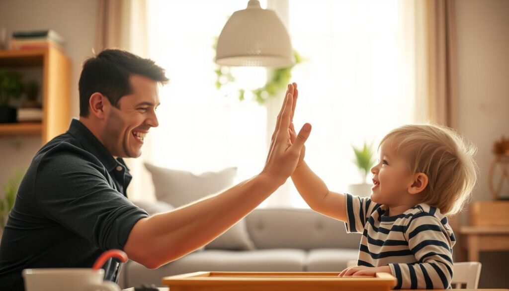 Parent and child celebrating success after working through a frustrating task