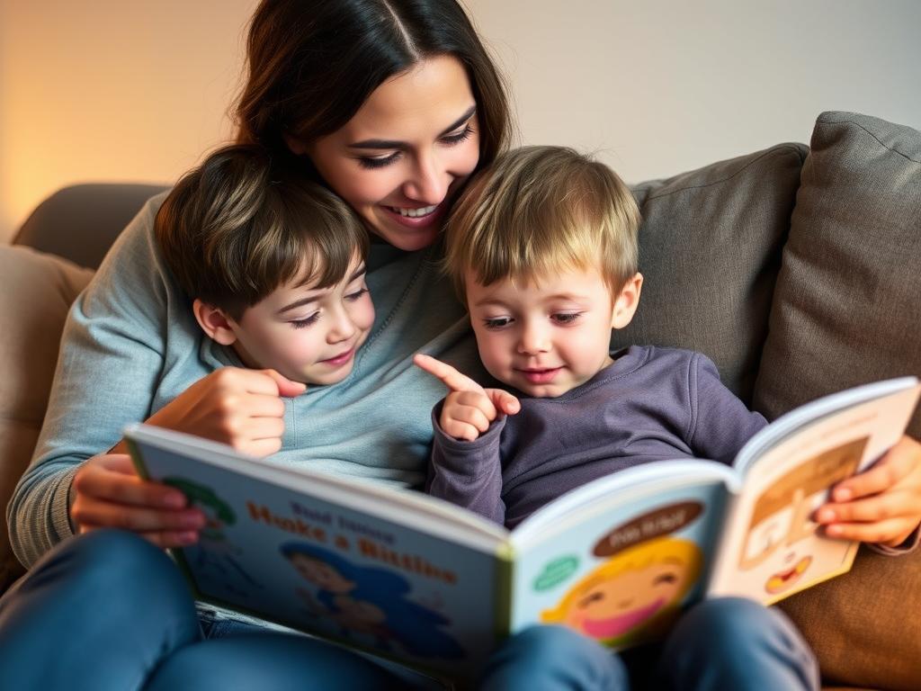 Parent and child looking at a book discussing character emotions