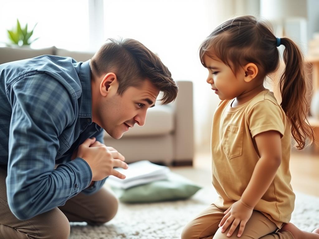 Parent kneeling at child's level and validating feelings during frustration