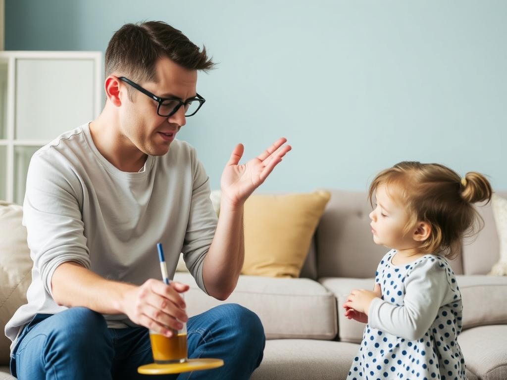Parent modeling calm frustration management while child observes