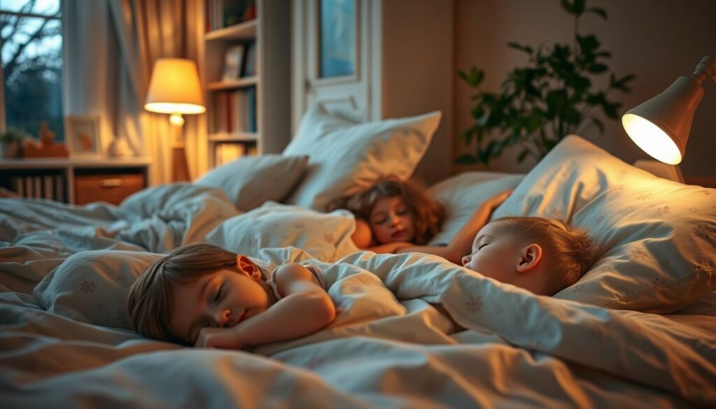 Peaceful bedroom at dusk, children sleeping soundly in their beds. Soft, warm lighting from a bedside lamp casts a cozy glow. Fluffy pillows and comforters in muted tones, with delicate floral patterns. In the foreground, a young child curled up on their side, breathing deeply. In the middle, another child nestled under the covers, their face serene. The background features a bookshelf with storybooks, a rocking chair, and a plant in the corner, creating a soothing, nurturing atmosphere. Overall, a tranquil, lullaby-like scene that evokes a sense of comfort and rest.