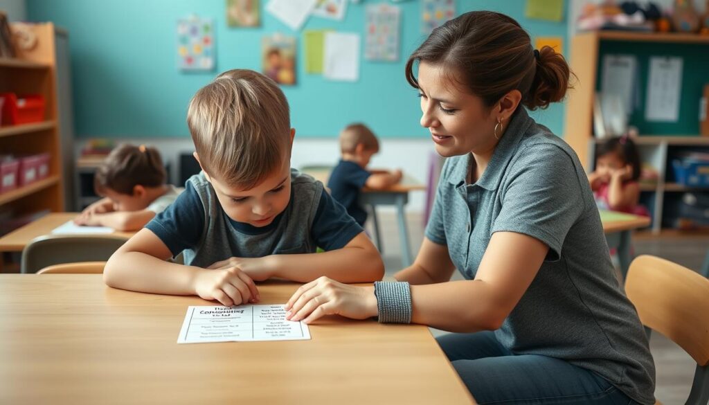 Teacher helping a frustrated child in a classroom setting