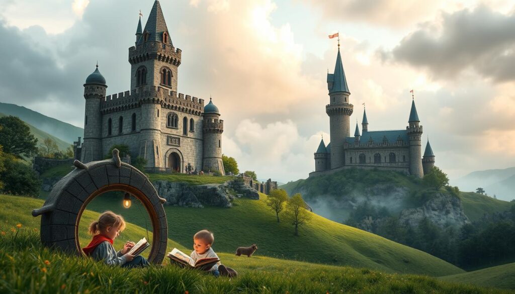 Whimsical fantasy landscape with a towering castle amidst lush, rolling hills. In the foreground, a group of children sit in a cozy reading nook, engrossed in vibrant, interactive storybooks. Soft, diffused lighting illuminates the scene, creating a warm, inviting atmosphere. The castle's turrets and spires reach towards a cloudy, dreamlike sky, hinting at the enchanting tales within. Detailed textures, from the children's clothing to the weathered stone walls, lend a sense of depth and realism. An overall sense of wonder and imagination pervades the image, capturing the spirit of Lunesia's interactive tales for young audiences.