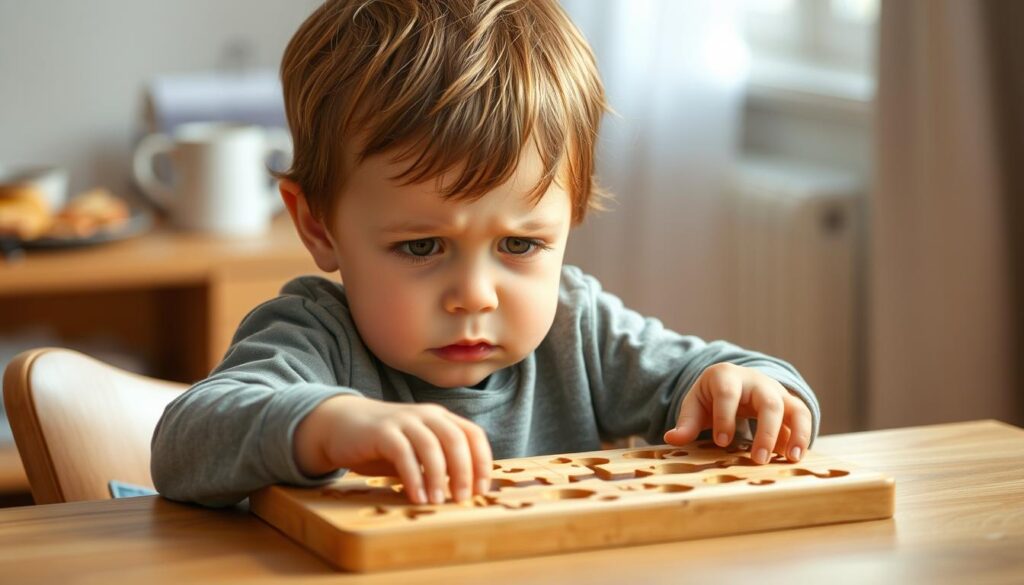 Young child experiencing frustration while trying to complete a puzzle